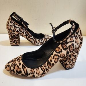 WHBM Women's Leopard Hair Block Heels Ankle Wrap Shoes size 6M